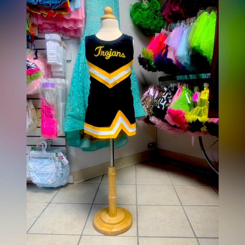 Childs Size 2, 8 or 10 Black & Gold Trojans Logo Cheerleading Uniform Set NWT